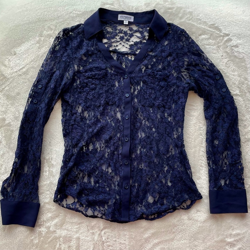 Express Portofino long sleeve navy lace burrow down, small.